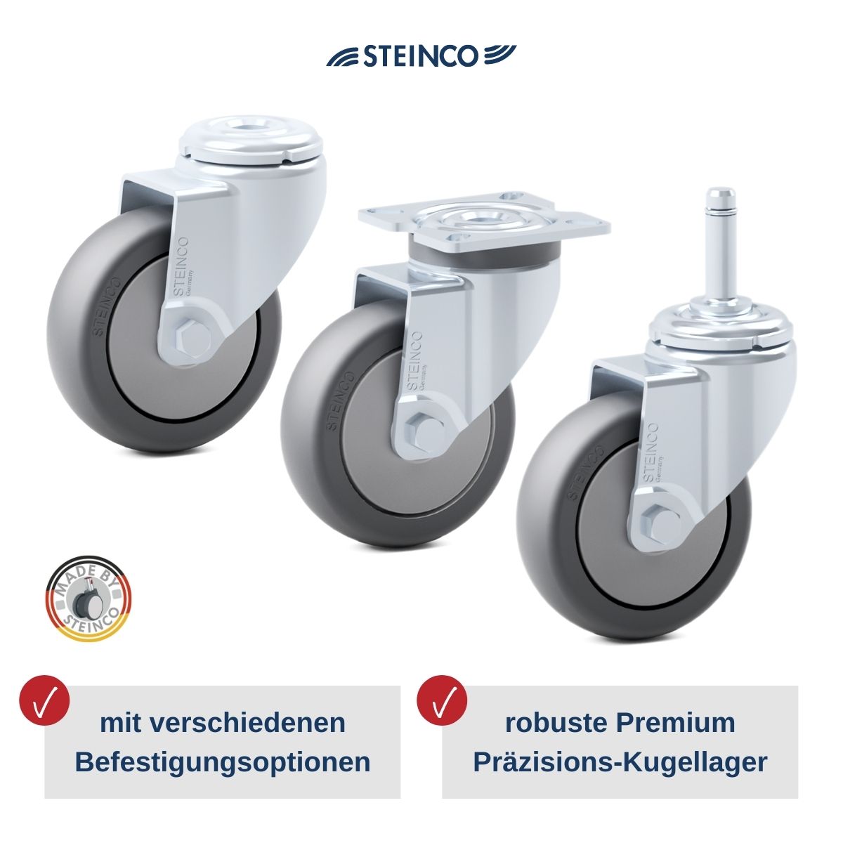 [Translate to Schwedisch:] Einzelrollen aus Stahlblech 75, 100, 125, 150 mm Durchmesser - STEINCO Premium Rollen für die Betriebsausstattung & die Betriebseinrichtung - Rollen für Konstruktionen aus luprofil 40 x 40