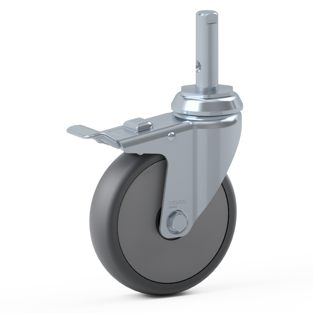 2.GLJ0.PKC0, Single wheel swivel castor, ∅ 150 mm, Ball bearing, TPU, Plain stem with transversal bore